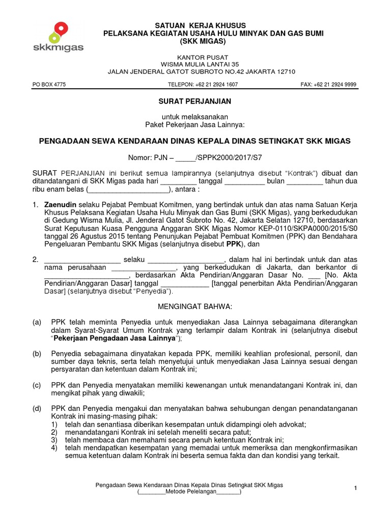 Draft Kontrak Pengadaan Sewa Kendaraan Dinas Kepala Dinas Setingkat