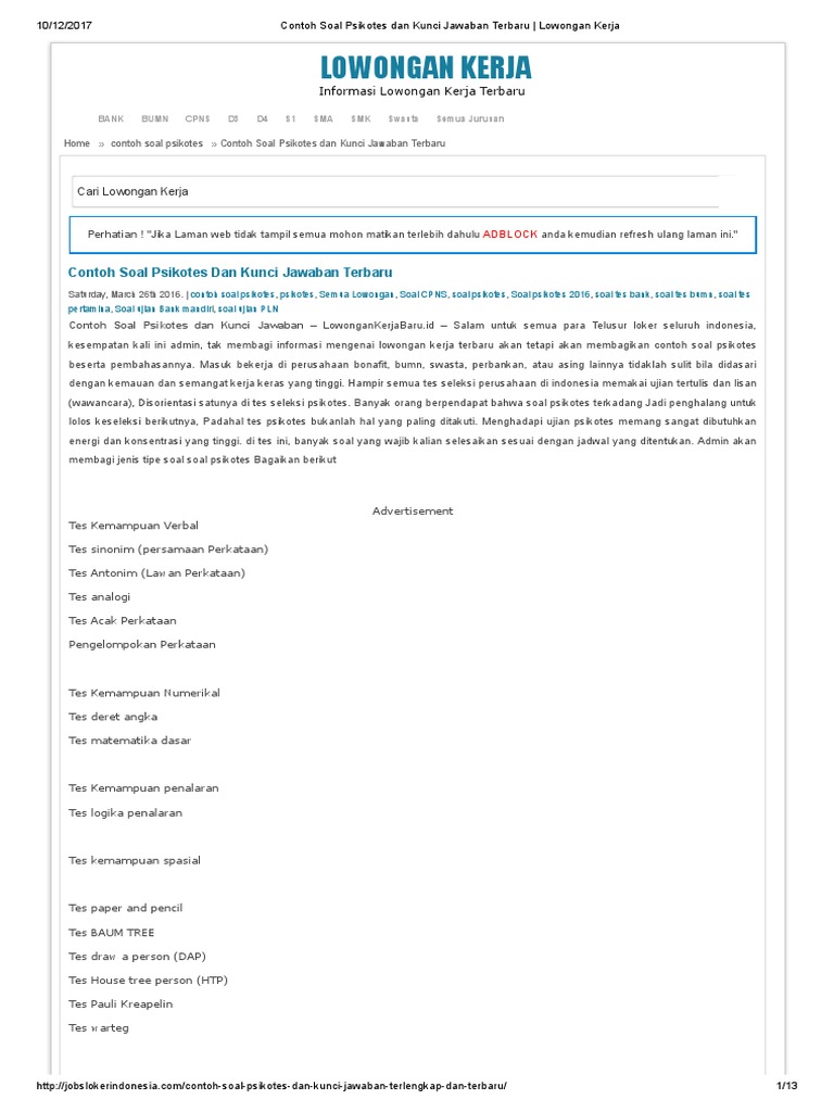 Contoh Soal Psikotes Dan Kunci Jawaban Terbaru Lowongan Kerja
