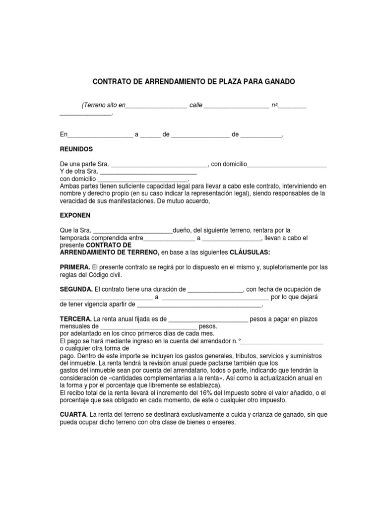 Contrato de Arrendamiento de Terreno Para Ganado Pagos