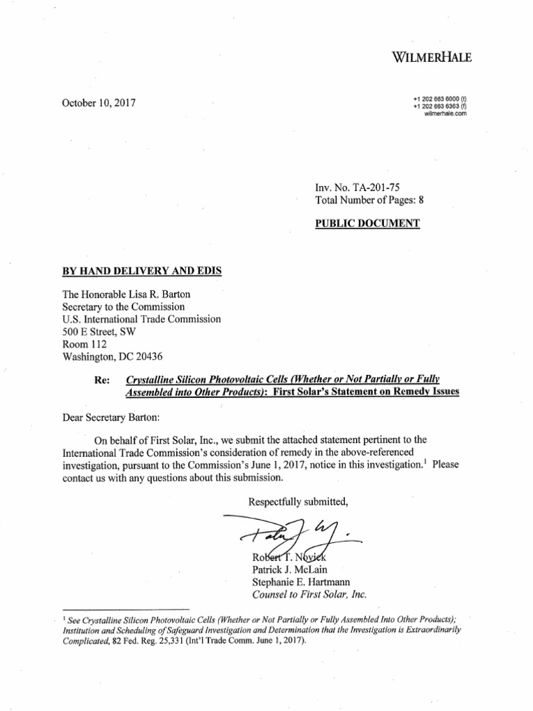 First Solar Testimony On Section 201 | PDF | Photovoltaics | Solar Power