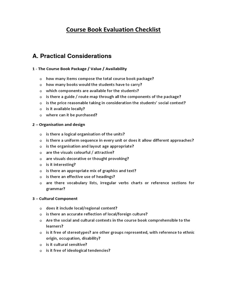 Course Book Evaluation Checklist | PDF | Learning Styles | English As A ...