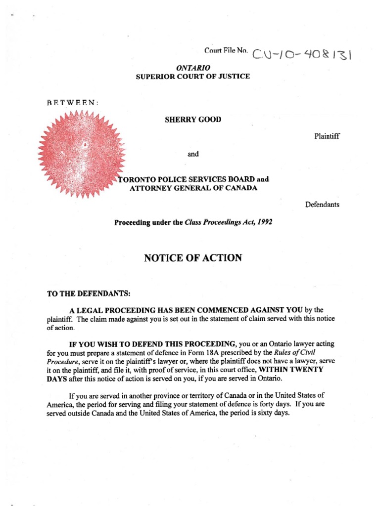 Issued Notice of G20 Class Action Sherry Good Vs Toronto Police ...