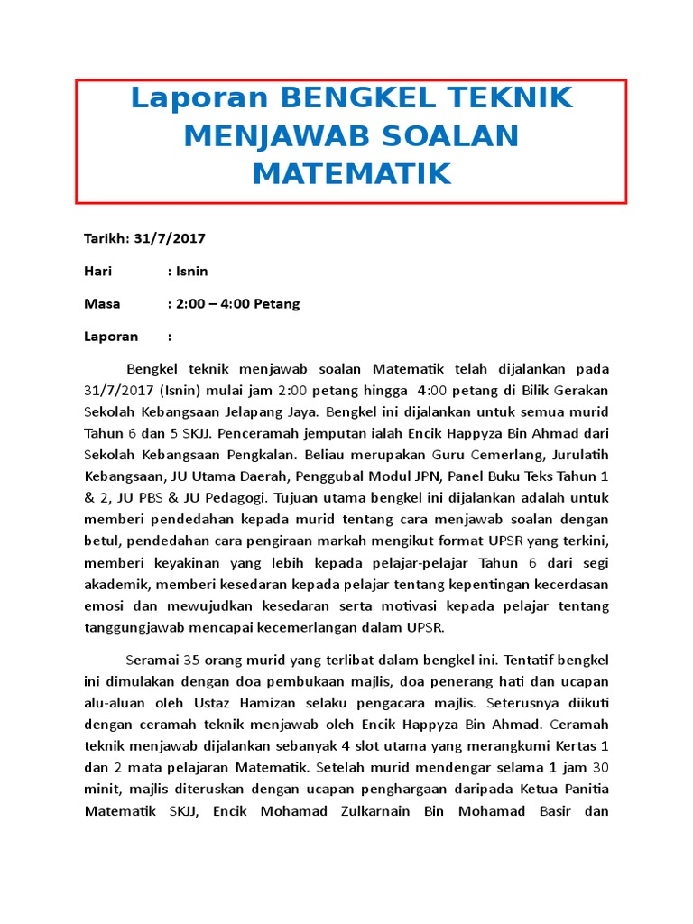Laporan Bengkel Teknik Menjawab Soalan Matematik