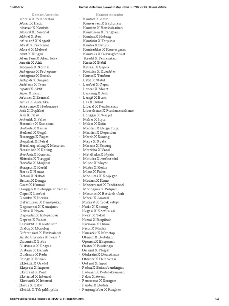 Kamus Antonim Lawan Kata Untuk Cpns 2014 Dunia Article