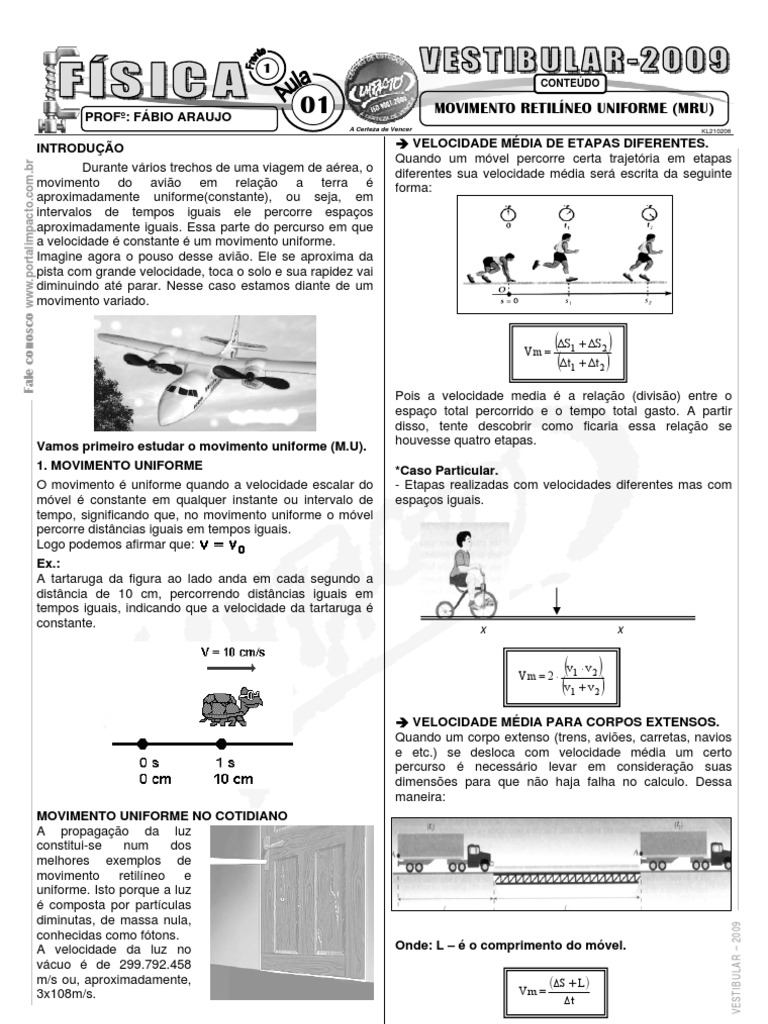 Exercicios Movimento Retilineo Uniforme 9 Ano Com Gabarito