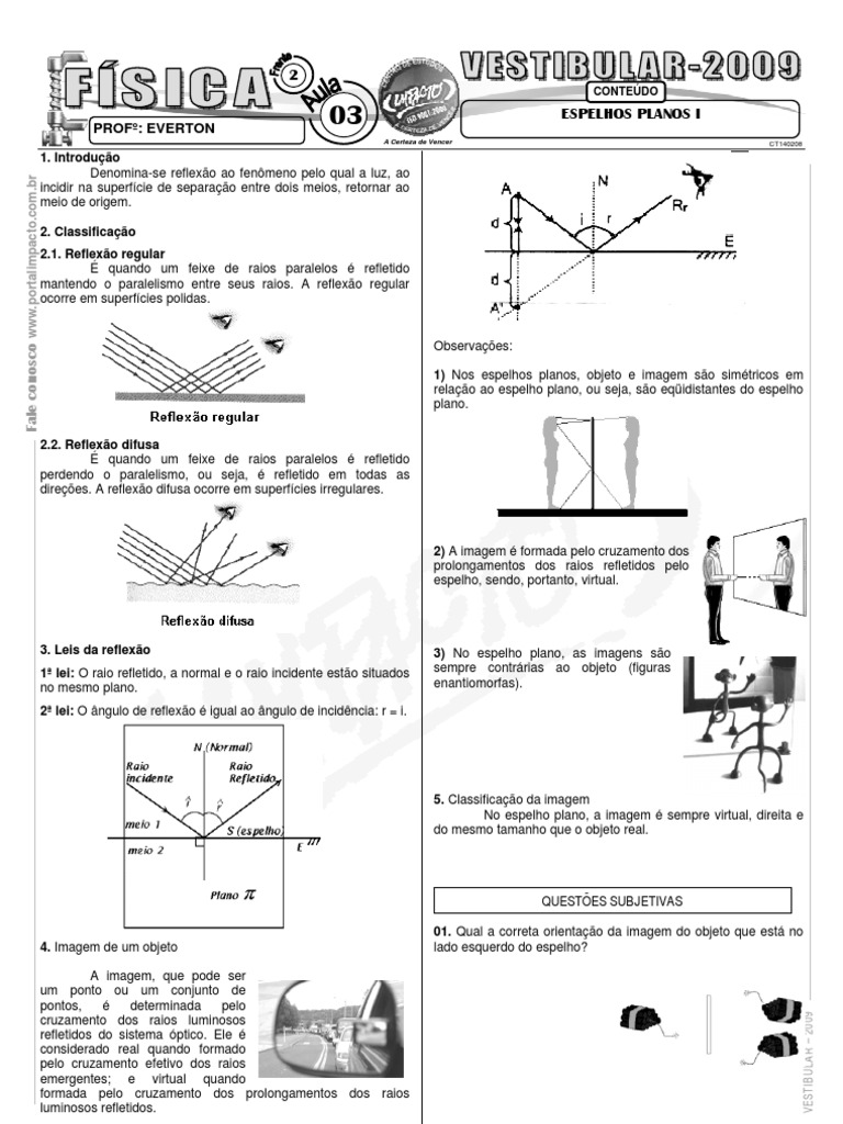 Exercícios sobre Espelhos Planos | PDF | Espelho | Reflexão (Física)