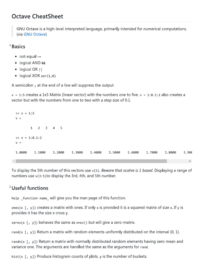 An Octave Introduction Cheat Sheet | PDF