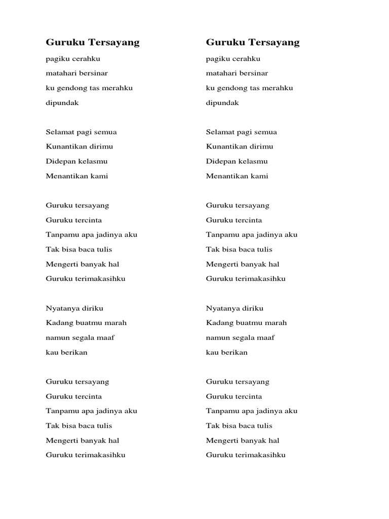 Lirik Lagu Guruku Tersayang Guruku Tercinta Tanpamu Apa Jadinya Aku