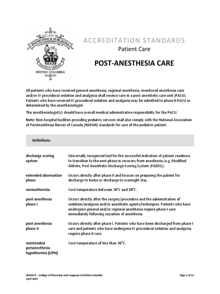 NHMSFP as Post Anesthesia Care Anesthesia Surgery