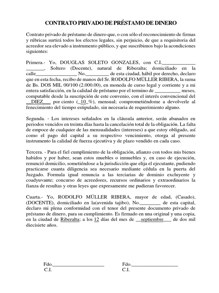 Contrato Privado De Prestamo De Dinero