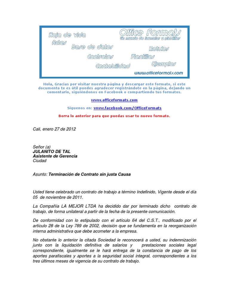 Terminación de contrato sin justa causa ejemplo