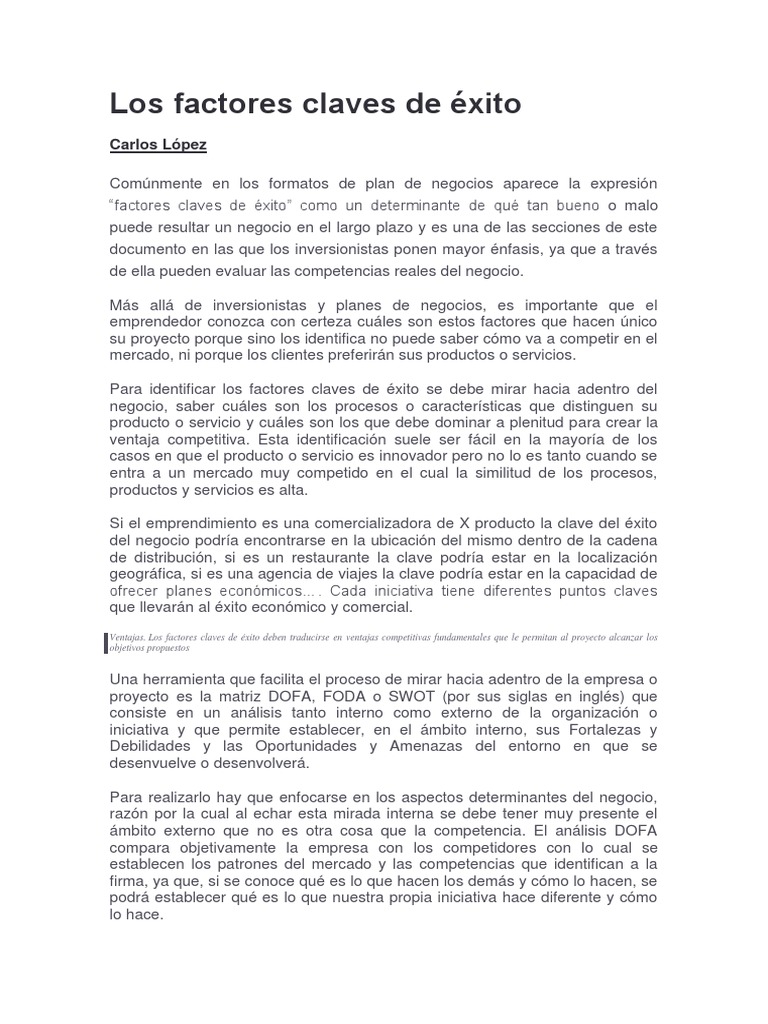 Factores Clave para el Éxito Empresarial | PDF | Análisis FODA | Economias
