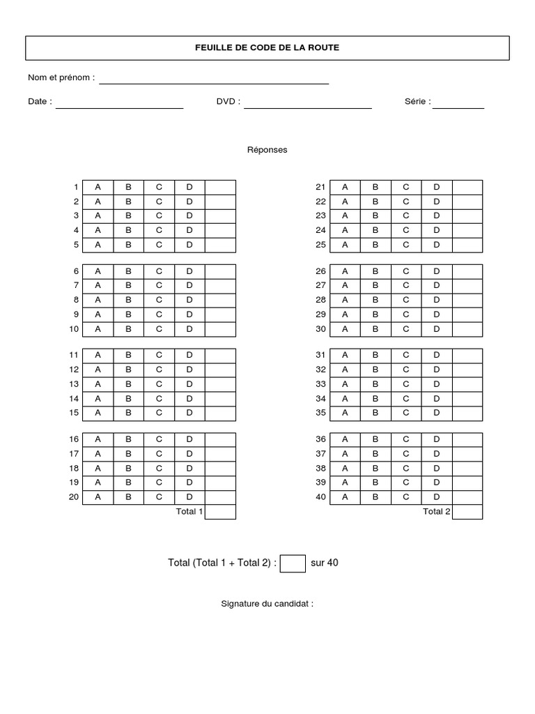 Feuille Code Route Vierge Complet