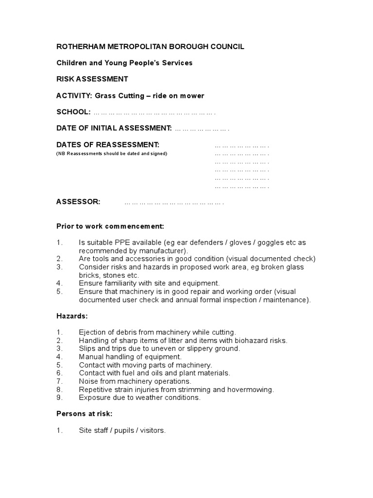 Grass Cutting Risk Assessment Guide | PDF | Personal Protective ...