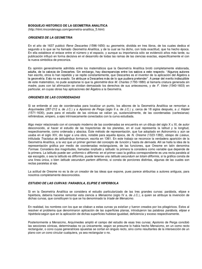 Bosquejo Historico de La Geometria Analitica