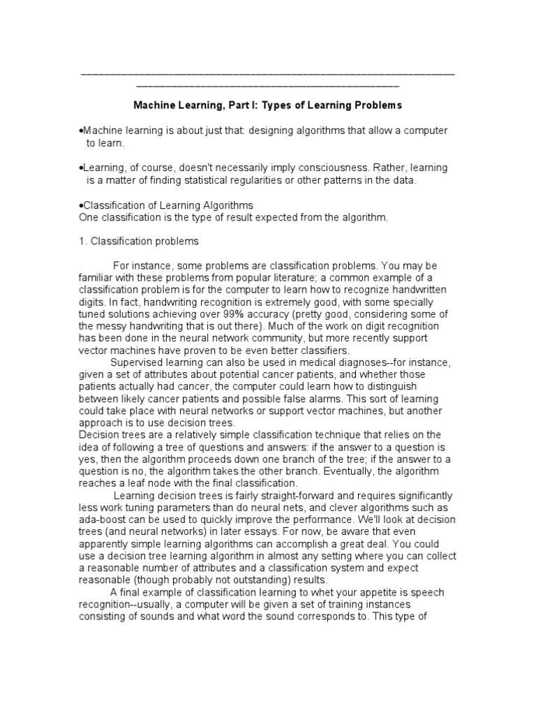 Machine Learning, Part I: Types of Learning Problems | PDF ...