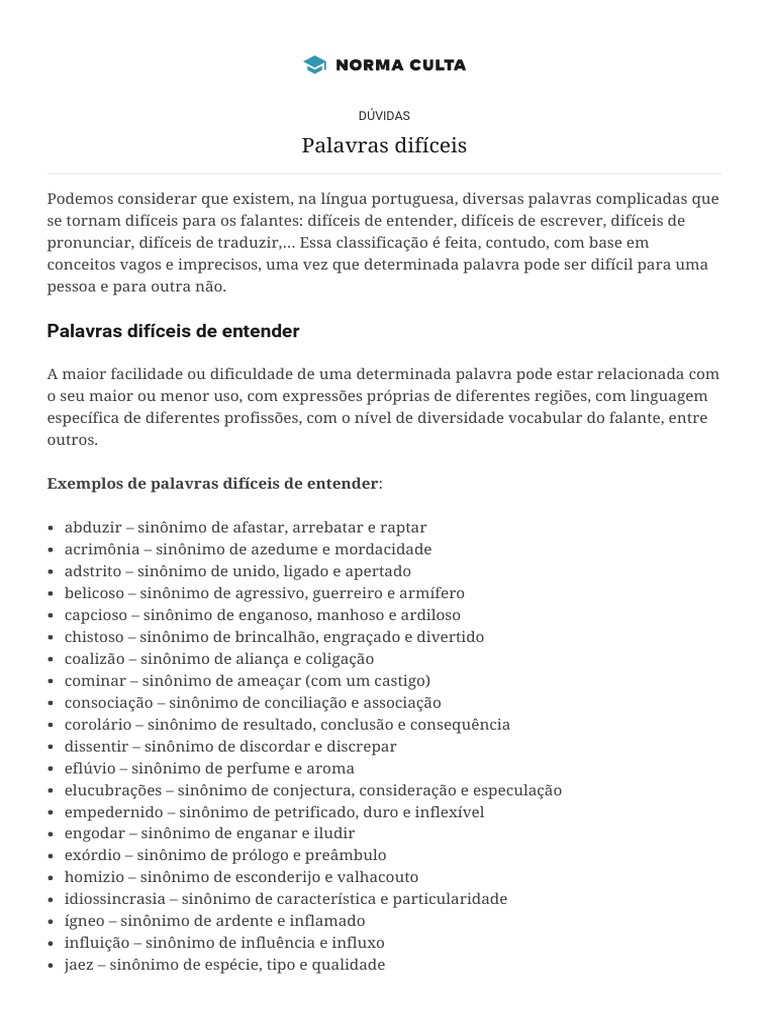 Palavras Difíceis em Português | PDF | Vogal | Fonema