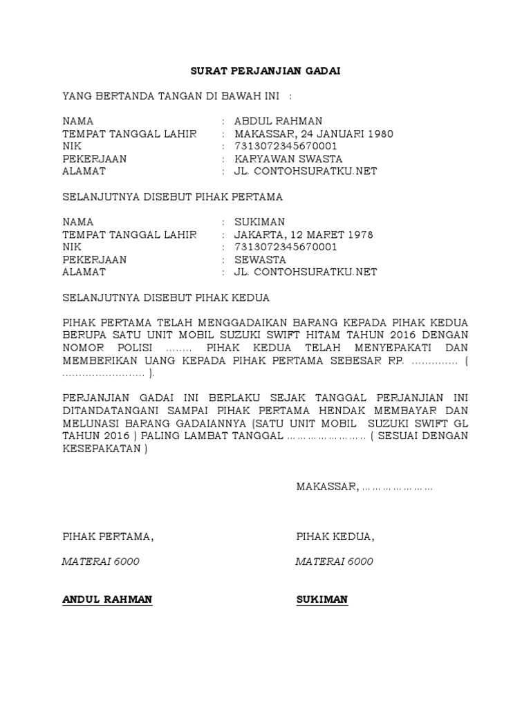 2 Contoh Surat Perjanjian Gadai Mobil Terbaru Format Word