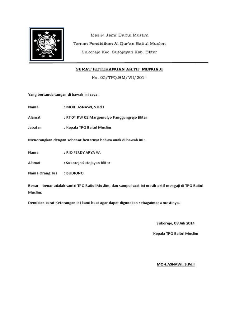 Surat Ketrangan Aktif Mengaji | PDF