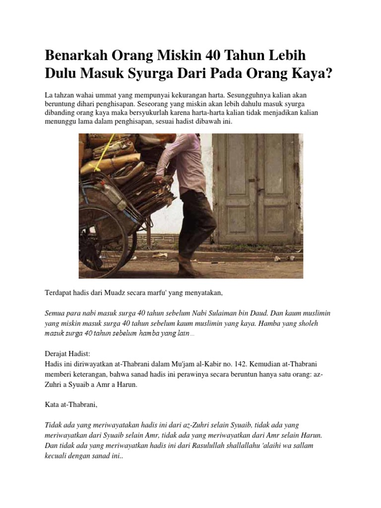 Benarkah Orang Miskin 40 Tahun Lebih Dulu Masuk Syurga Dari Pada Orang Kaya Pdf