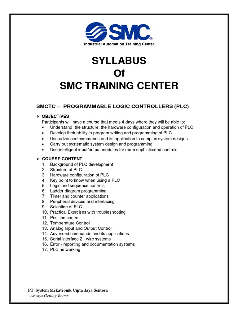 Syllabus of SMC Training Center SMCTC Programmable Logic Controllers