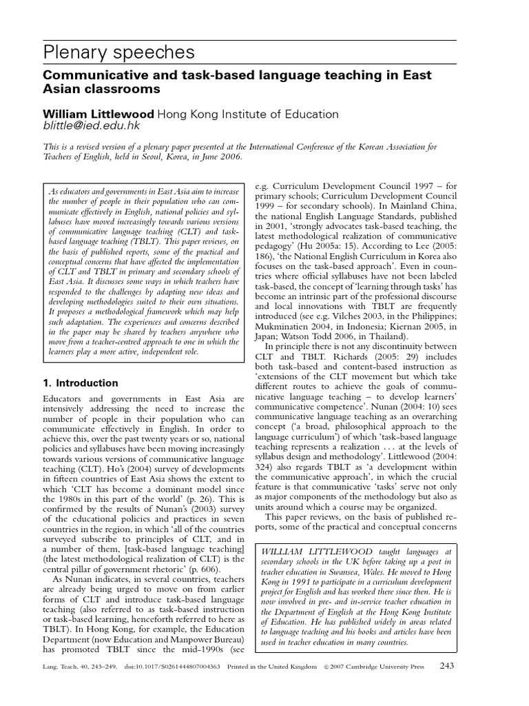 CLT TBLT InEastAsianClassrooms Littlewood 2007 PDF English As A