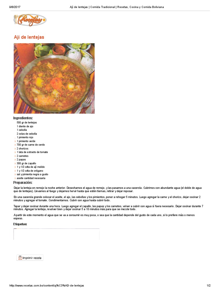 Ají de Lentejas - Comida Tradicional - Recetas, Cocina y Comida Boliviana |  PDF | Ají picante | Bolivia