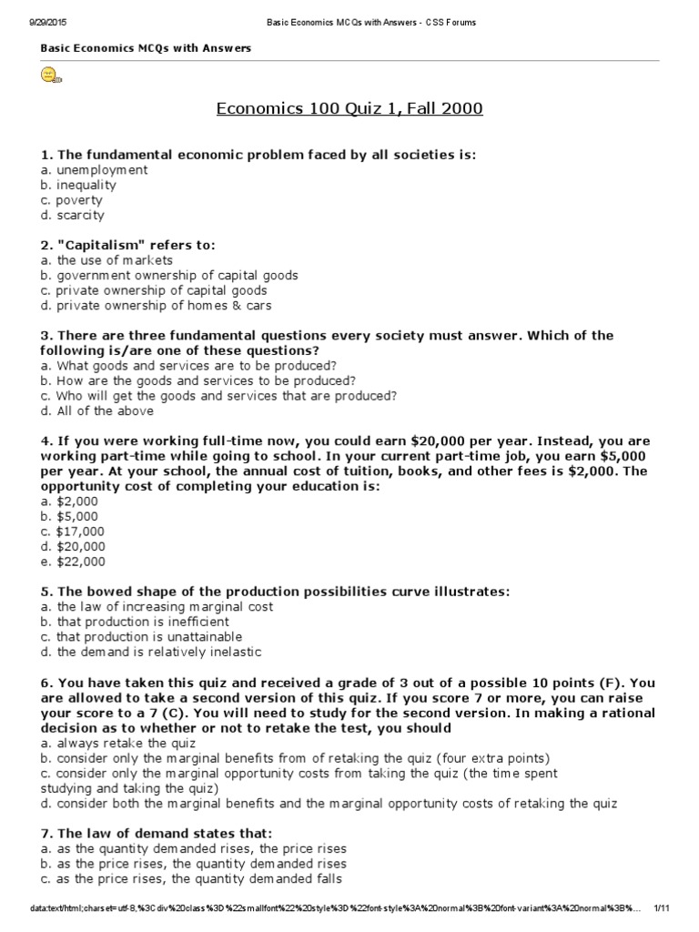 Basic Economics Mcqs With Answers Css Forums Pdf Monopoly Demand