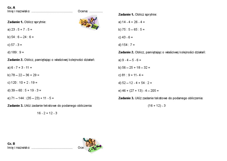 Sprawdzian Dział 1 Matematyka Klasa 4 Kolejnosc Wykonywania Dzialan | PDF