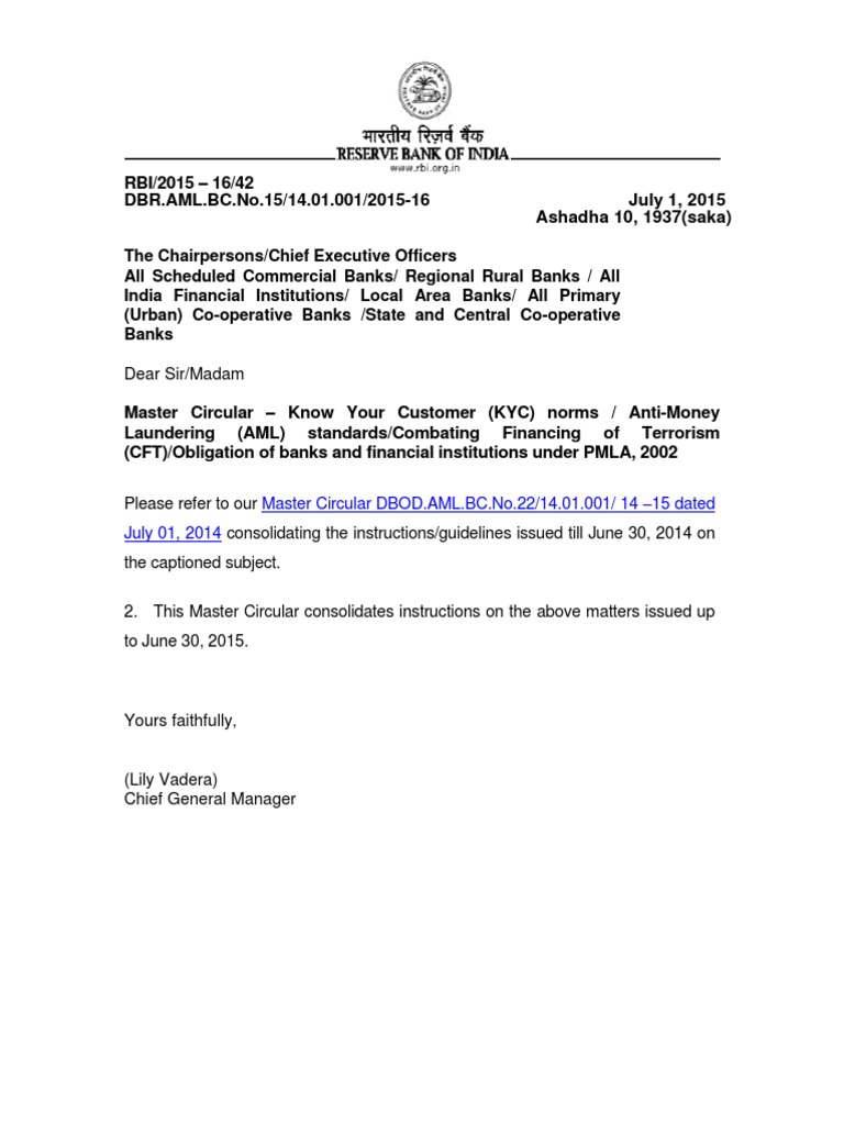 RBI Master Circular AML and KYC 201507 | PDF | Money Laundering ...