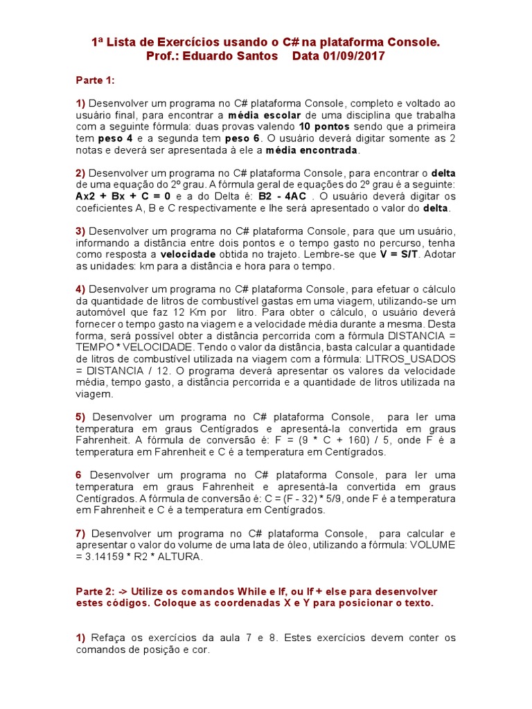 Exercícios de C# para Iniciantes | PDF | C (linguagem de programação ...