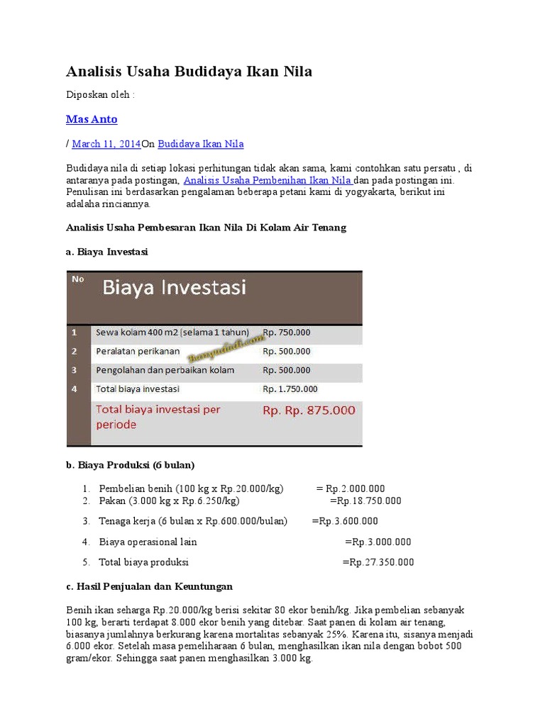 Analisis Usaha Budidaya Ikan Nila