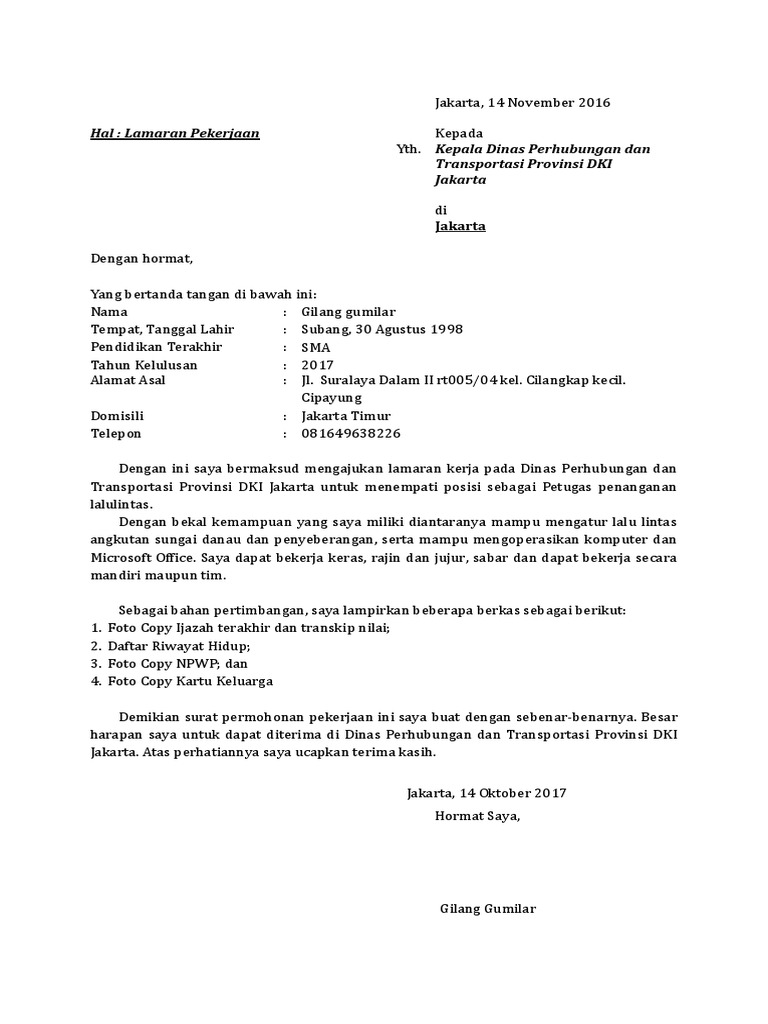 Contoh Surat Lamaran Dinas Perhubungan
