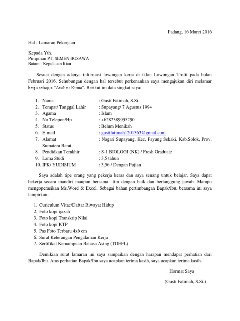 Contoh Surat Lamaran Kerja Pt Semen Padang Kumpulan Surat Penting