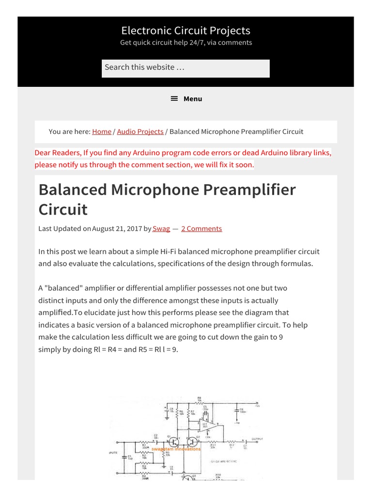 Balanced Microphone Preamplifier Circuit PDF Amplifier Microphone