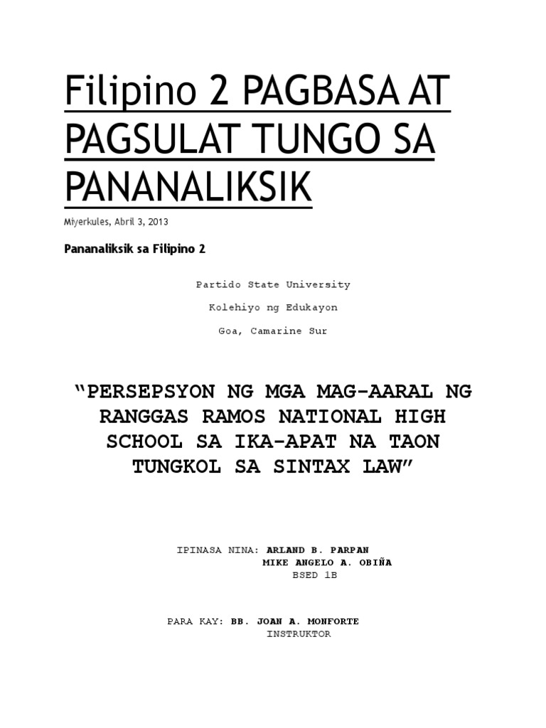 FIL 2 PAGBASA AT PAGSULAT TUNGO SA PANANALIKSIK PDF