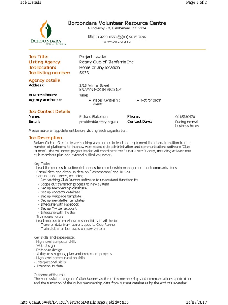 Rotary Job Description PDF Volunteering Databases