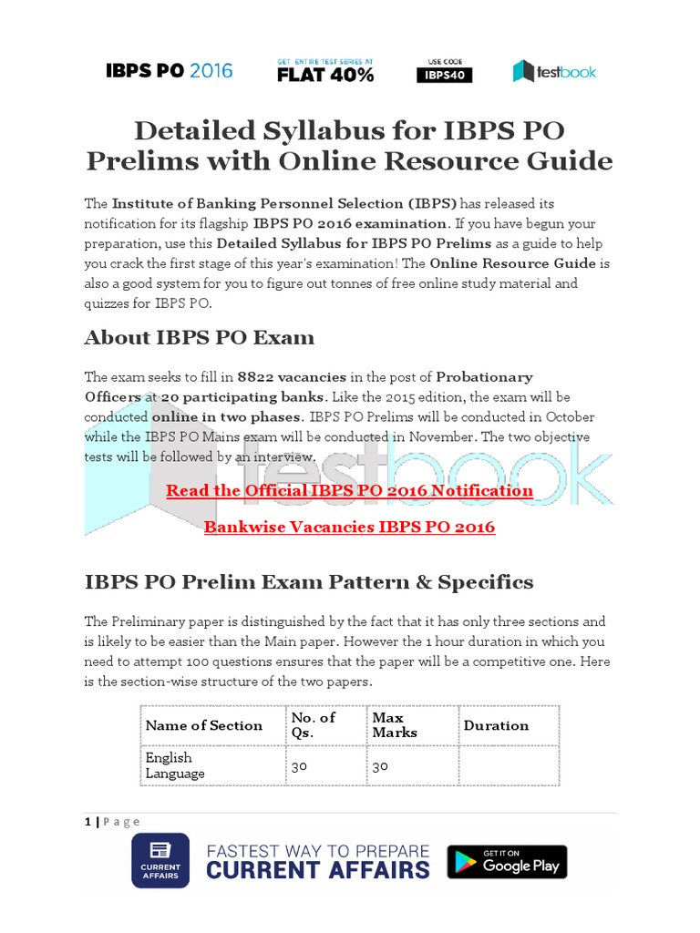 Detailed Syllabus For IBPS PO Prelims With Online Resource Guide | PDF ...