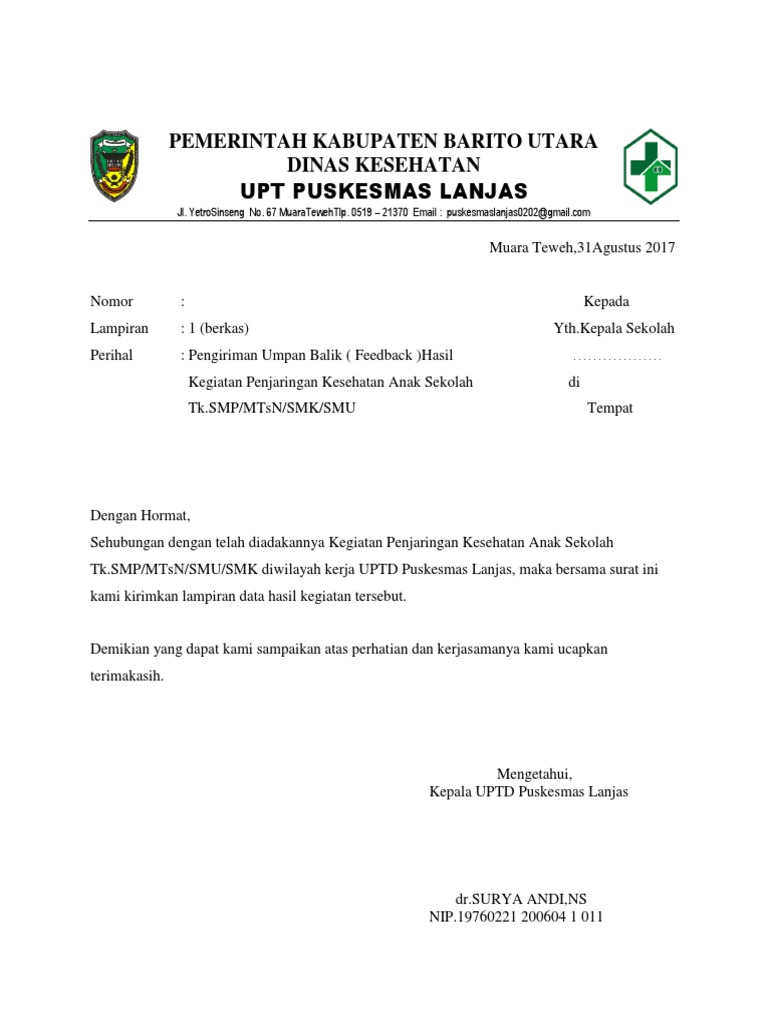 Surat Umpan Balik Kegiatan Penjaringan