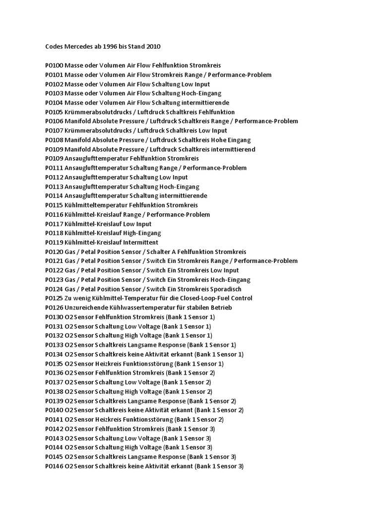 Mercedes A Klasse Fehlercode Tabelle dReferenz