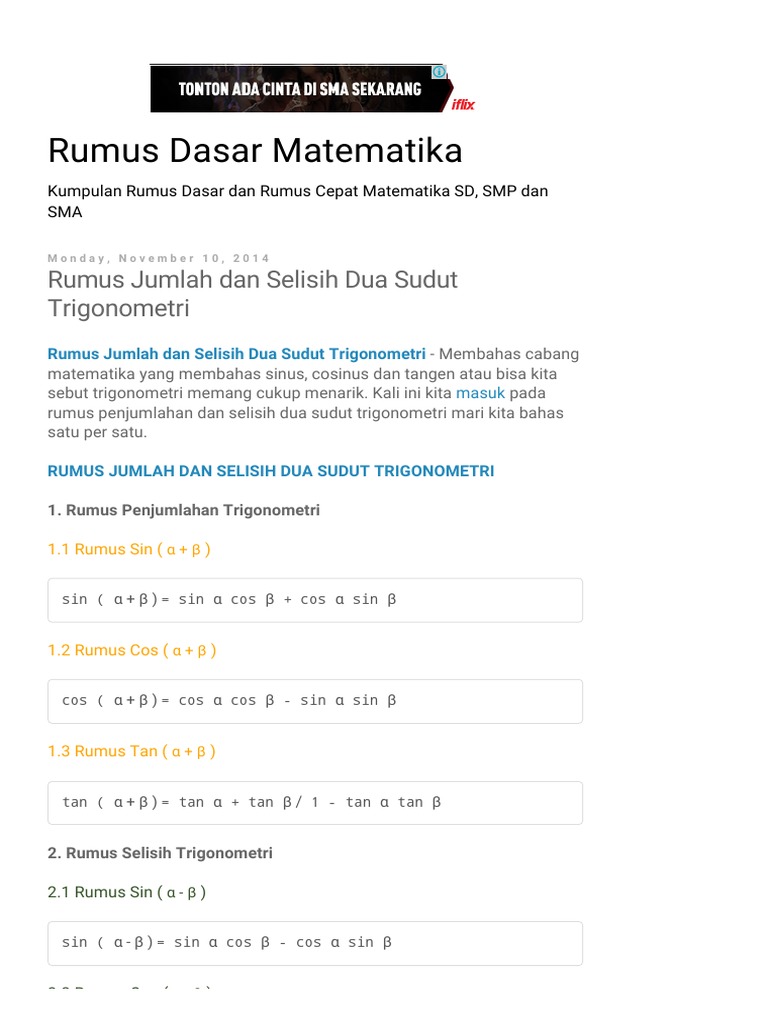 Rumus Dasar Matematika Rumus Jumlah Dan Selisih Dua Sudut Trigonometri