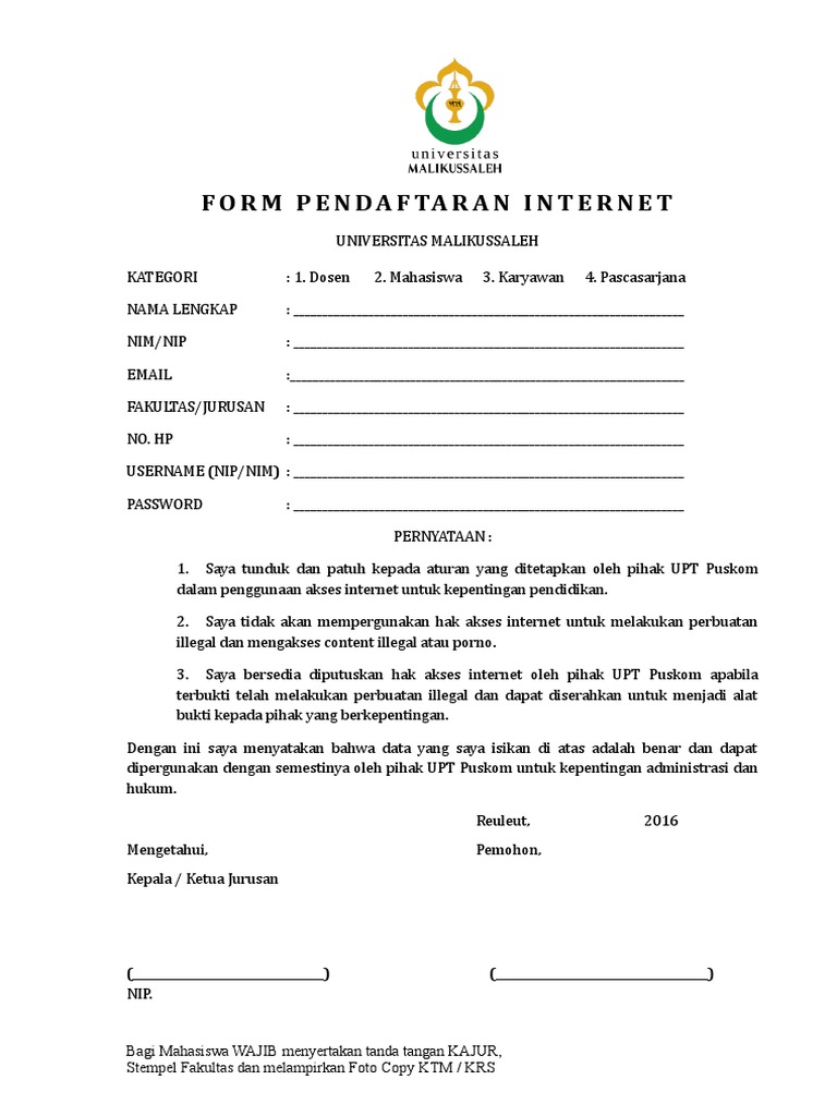 Formulir Pendaftaran Internet Unimal | PDF | Karier & Perkembangan ...