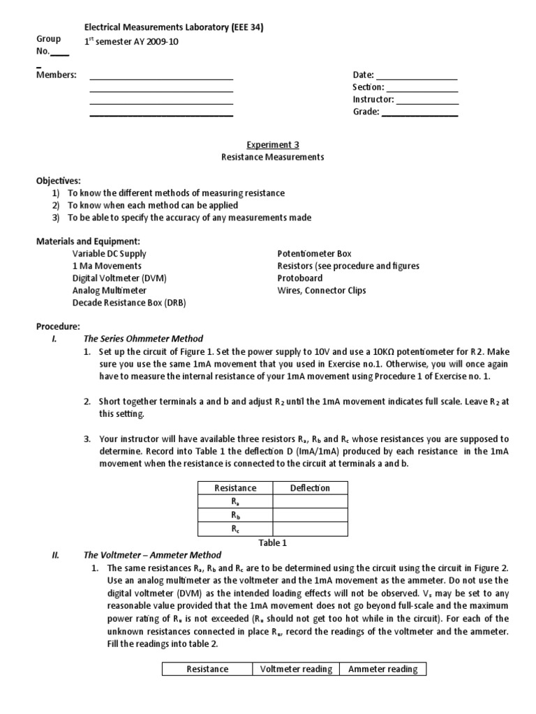 Electrical Measurements Laboratory (EEE 34) I. The Series Ohmmeter