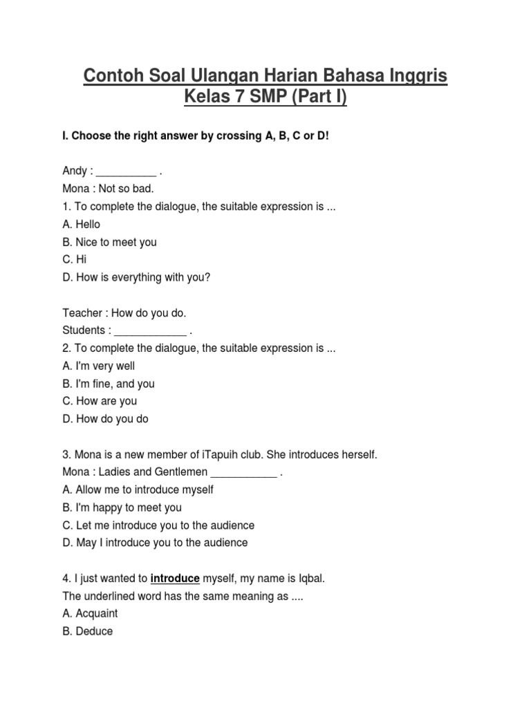 Soal Ulangan Harian Bahasa Inggris Kelas 7 Leisure