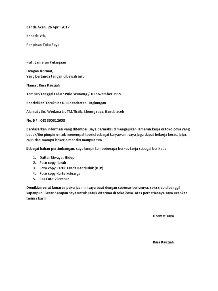 Contoh Surat Contoh Surat Lamaran Kerja Di Zoya