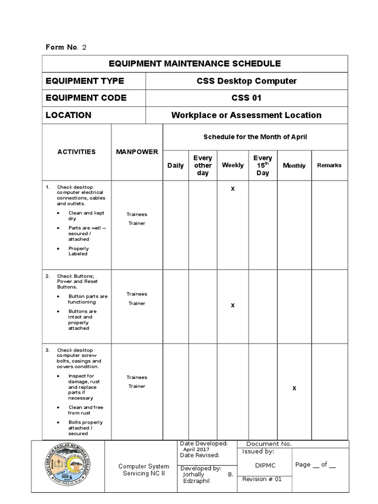 Equipment Maintenance Schedule Template | PDF | Equipment | Electrical ...