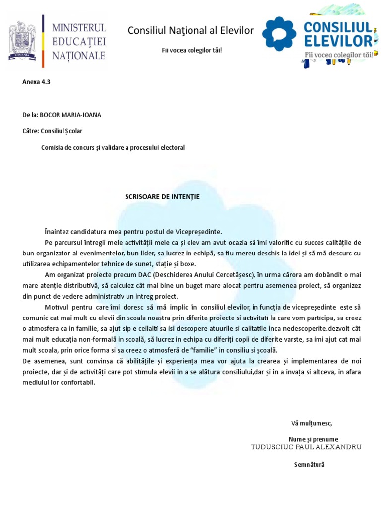 Scrisoare de Intentie Alegeri Consiliul Elevilor 2014