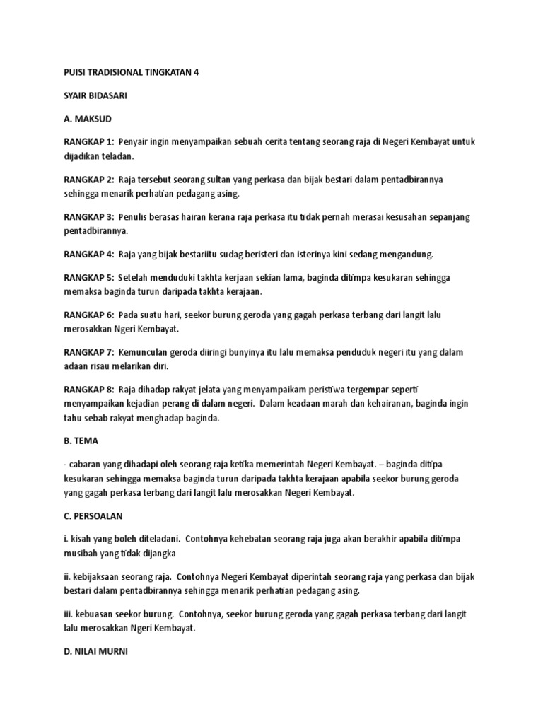 Puisi Tradisional Tingkatan 4 Syair Bidasari