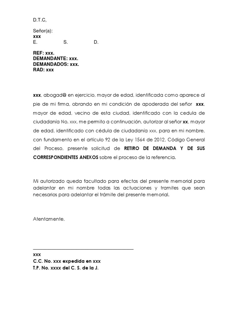 Total 42+ imagen modelo de escrito para retirar demanda en colombia