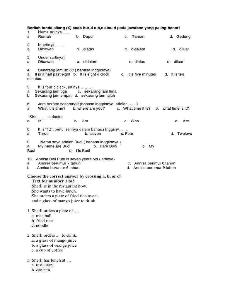 Contoh Soal Bahasa Inggris Kelas 3 Pdf Cuisine Food And Drink